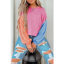 Rose Red Corded Colorblock Patchwork Drop Shoulder Long Sleeve Top