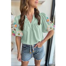 Clearly Aqua Floral Embroidered Puff Sleeve Split Neck Blouse