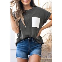 Carbon Grey Corded Knit Color Block Pocketed Crew Neck T Shirt