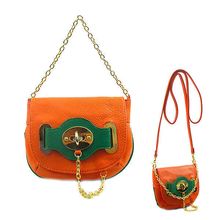 Pebble Leather-like Small Flap Purse w/ Metal Chain Strap And Twist Lock - Or...