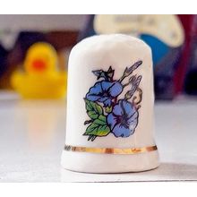 Decorative Thimble - Bone China - Blue Flowers .