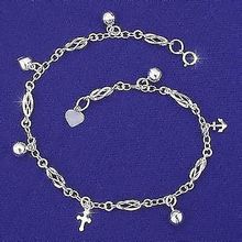 Sterling Silver 925 10 inch Ankle Bracelet with charms and spiral links