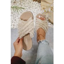 Beige Bohemian Cross Criss Tassel Slippers