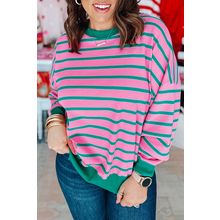 Pink Stripe Waffle Knit Crew Neck Plus Size Sweatshirt
