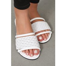 White Crochet Dual Straps Square Toe Flat Slippers