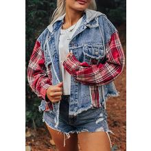 Beau Blue Plaid Print Patchwork Hooded Raw Hem Denim Jacket