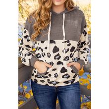 Leopard Print Color Block Pocketed Drawstring Hoodie