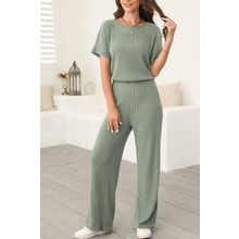 Laurel Green Ribbed Keyhole Short Sleeve Wide Leg Jumpsuit