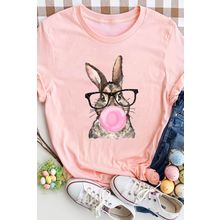 Pink Easter Rabbit Print Round Neck Casual Tee