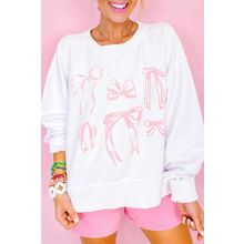 White Bowknot Pattern Corded Long Sleeve Drop Shoulder Top