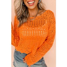 Carrot Solid Color Open Crochet Scallop Edge Sweater
