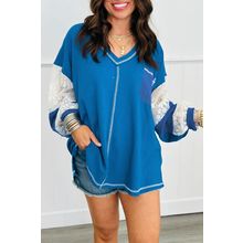 Sky Blue Lace Floral Patchwork Sleeve Stitching V Neck Rib Knit Blouse
