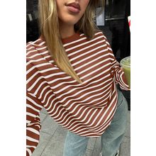 Coffee Striped Long Sleeve Round Neck Loose Top
