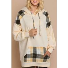 Khaki Plaid Patchwork Kangaroo Pocket Oversized Hoodie