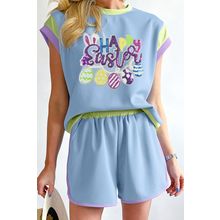 Blue Sequin Happy Easter Graphic Contrast Trim Short Set