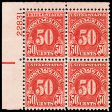 J86, Mint VF LH 50¢ Plate Block of 4 Postage Due Stamps - Stuart Katz