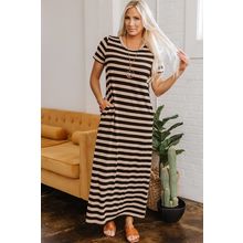 Black Stripe Casual Round Neck T-shirt Maxi Dress with Pockets