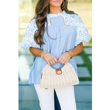 Beau Blue Lace Insert Floral Puff Sleeve Patchwork Loose Blouse