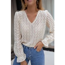 Beige Flower Lace V Neck Ruffled Sleeve Top