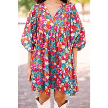 Sky Blue Floral Print Tie Split Neck Bubble Sleeve Babydoll Dress