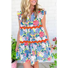 Sky Blue Floral Printed V Notched Ric Rac Flutter Sleeve Dress