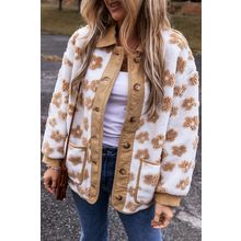 Light French Beige Cute Flower Pattern Button Up Fleece Jacket