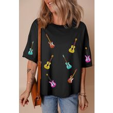 Black Music Lovers Sequined Guitars Dropped Shoulder T Shirt
