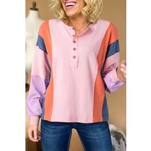 Pink Colorblock Long Sleeve Buttons Henley Top