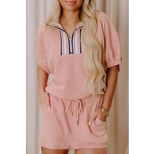 Light Pink Striped Collared Zip up Textured Skirt Set