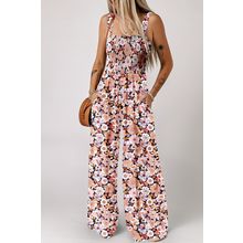 Black Floral Print Smocked High Waist Square Neck Jumpsuit