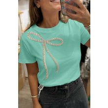 Mint Green Rhinestone Bow Embellished Round Neck Tee