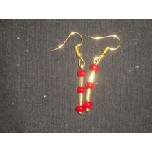 Small round red over gold colour bugle short drop earrings