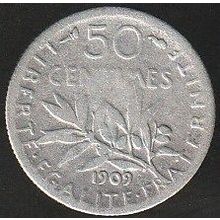 1909 France 50 Centimes Silver Coin