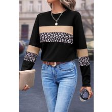Khaki Leopard Colorblock Patchwork Crew Neck Long Sleeve Tee