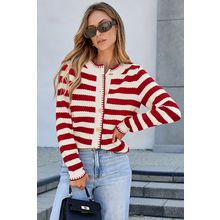 Red Stripe Chic Golden Button Cardigan Sweater