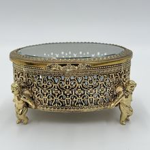 Vintage Gold Filigree Oval Ormolu casket Hollywood Regency style Cherubs Footed