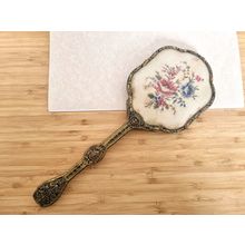 Vintage Floral Embroidery Hand Mirror, Ornate Brass Filigree, Vanity Decor