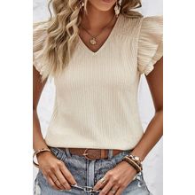 Apricot Crinkle Textured V Neck Flutter Sleeve Top