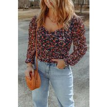Black Plus Size V Neck Bubble Sleeve Floral Blouse