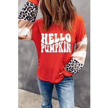 Red Hello Pumpkin Graphic Leopard Striped Colorblock Sleeve V Neck Top