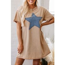 Pale Khaki Mineral Wash Stud Beaded Star Graphic Pocketed T Shirt Dress