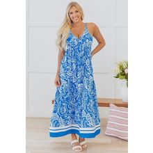 Blue Paisley V Neck Crisscross Backless Maxi Dress
