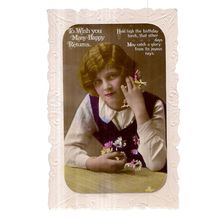 MANY HAPPY RETURNS, BIRTHDAY .used vintage postcard girl/flowers unposted a