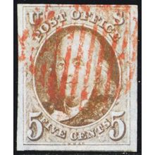1b, Used VF/XF 5¢ Red Cancel - With Certificate * Stuart Katz