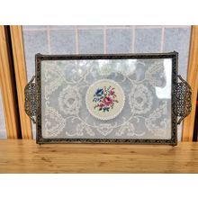Vintage Petit Point Bedroom Vanity Tray, Brass Filigree, Embroidery, Antique