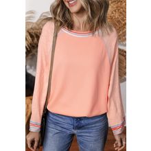 Grapefruit Orange Waffle Knit Wide Bracelet Sleeve Patchwork Raglan Top
