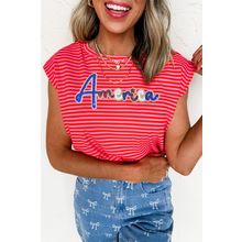 Red Stripe Sequin America Letter Patched Cap Sleeve Top