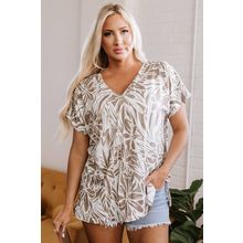 Khaki Floral Print V Neck Short Sleeve Loose Fit Blouse