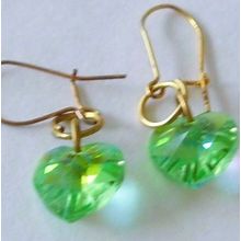Vintage Earrings Green Aurora Borealis Crystal Heart Dangle Retro Pierced Drops