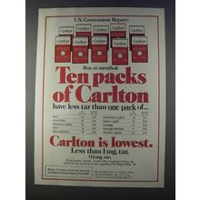 1980 Carlton Cigarettes Ad - Ten Packs Have Less Tar